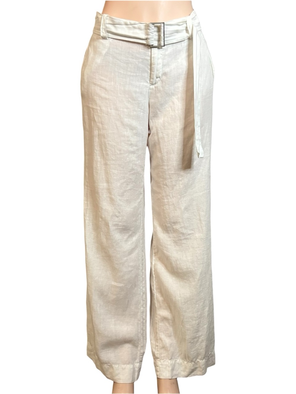 White Linen Wide Leg Pants Belted High Rise Resort Coastal Grandma Size 12